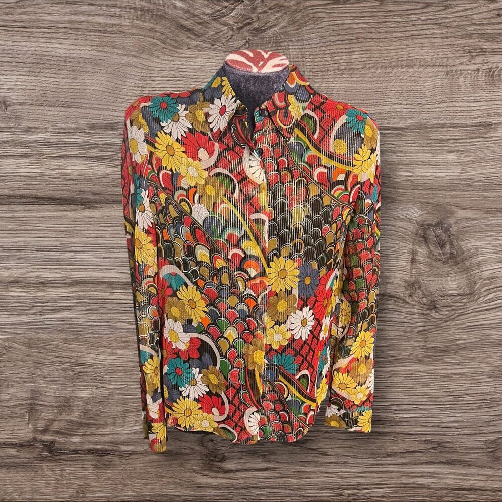 Alice & Olivia Silk Blend Boho Floral Metallic Button Up Collared Top Size XS